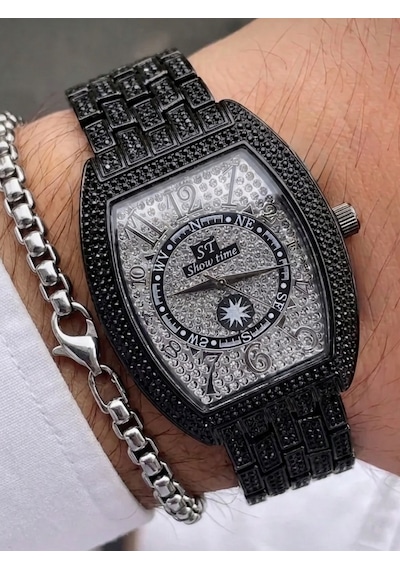 Erkek Taş İşlemeli Çelik Kol Saati Lüks Quartz Erkek Saati Premium Tasarım Bileklik Hediyeli Şık Erkek Kol Saati Siyah-25 Cm