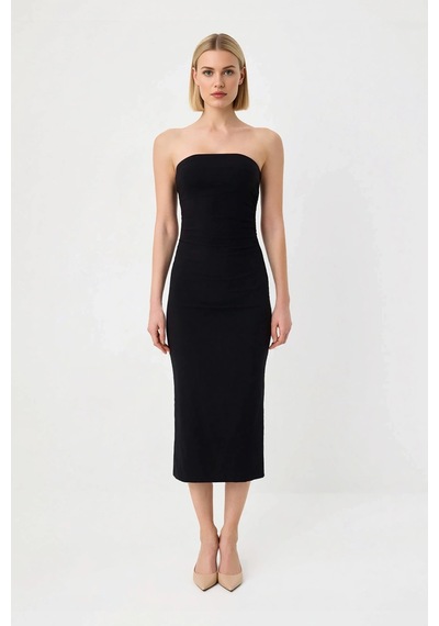 Benerly Kadın Straplez Bodycon Maxi Elbise Kolsuz Derin Yırtmaçlı Poplin Siyah
