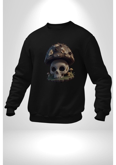 Kurukafa Mantar Ev Unisex Siyah Baskılı Sweatshirt Siyah