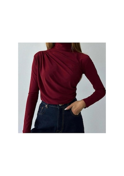 Unika Boutique Kadın Kahverengi Dik Yaka Omuz Ve Bel Büzgülü Uzun Kollu Bluz bordo