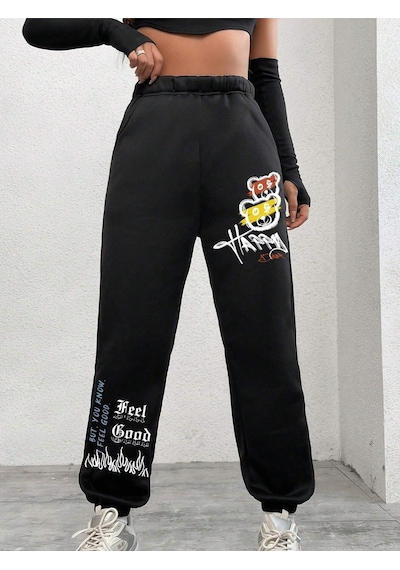 Happy Bear Eşofman Altı Jogger - Siyah Baskılı Lastik Paça Yüksek Bel Siyah