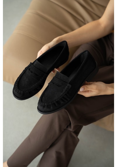 Selin Shoes Lurein Büzgülü Hafif Kalın Topuk Kadın Loafer- Siyah Süet