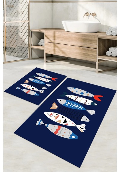 Buççin Online Mağaza Dijital Baskılı Yıkanabilir Renkli Balık Desenli Banyo Paspası Klozet Takımı Polyester Lacivert Çok Renkli