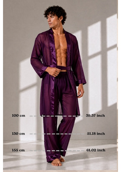 Qmen Style Erkek Şifon Kimono- Pijama - Şort Seti Mor