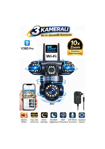 Rx113w Wifi 3 Kameralı Güvenlik Kamerası 15mp Ultra Hd Ptz Hareketli Sesli Gece Görüşlü Akıllı Kamera