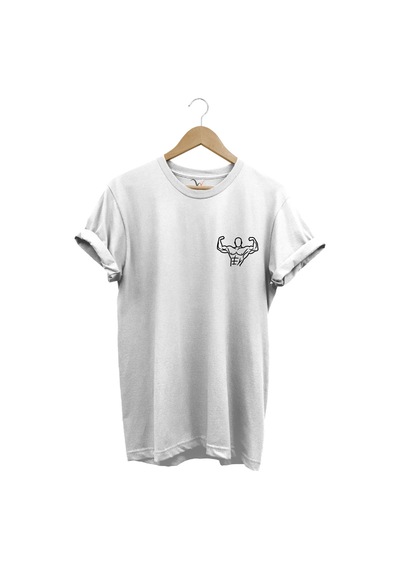 Gym Sporcu Fitness Dumbell Göğüs Baskılı Regular Fit %100 Pamuk Beyaz T-shirt Beyaz