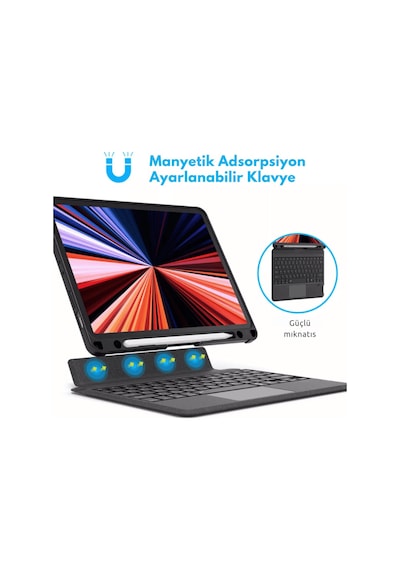 Apple Uyumlu iPad  Air 11 M3 2025 Fuchsia Touch Pad Bluetooth Klavyeli Standlı Mıknatıslı Tablet Kılıfı Kılıf