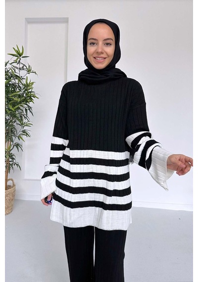 Kahijab Çift Renk Çizgili Triko Takım - Siyah