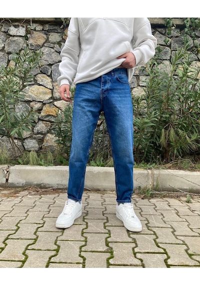 Koyu Mavi Efektli Boyfriend Pantolon Mavi