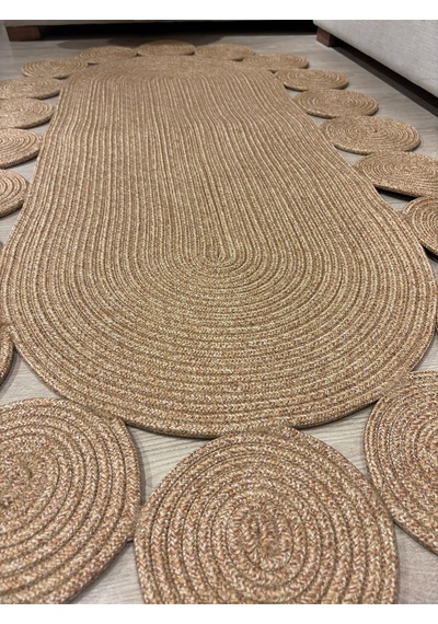 Mavaux Oval Papatya Hasır Jüt Çiçek Desenli Kilim Halı Bej