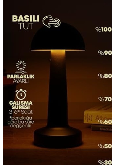 Şarjlı Mantar Masa Lambası Metal Dokunmatik 3 Işık Parlaklık Ayarlı Gece Masa Üstü Lamba Siyah A4 .