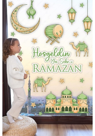 Hoşgeldin Ya Şehr-i Ramazan Yeşil Tonlarda Cami Hilal Develerden Oluşan Cam Duvar Sticker Seti Ramazan Süsleri Seti Çok Renkli