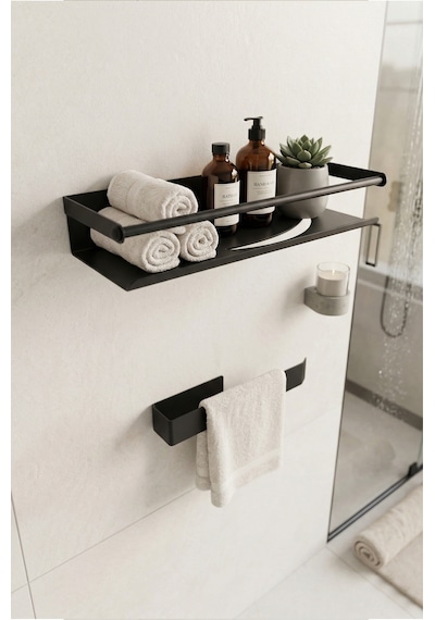 Zift Unique Paslanmaz Çelik Yapışkanlı Duş Rafı Ve Havluluk Set, Havlu Askısı Ve Banyo Rafı Siyah
