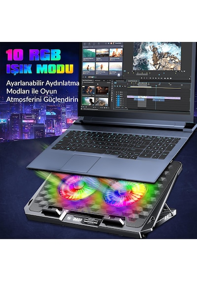 Juo Odin Rgb Işıklı Gaming 2200rpm Çift Fan Led Display Laptop Notebook Soğutucu Stand