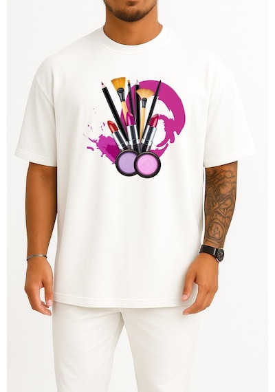 Bahriyeli Collection Oversize Kozmetik Ruj Makyaj Sanatçısı Göğüs Tasarımlı Unisex T-shirt Beyaz
