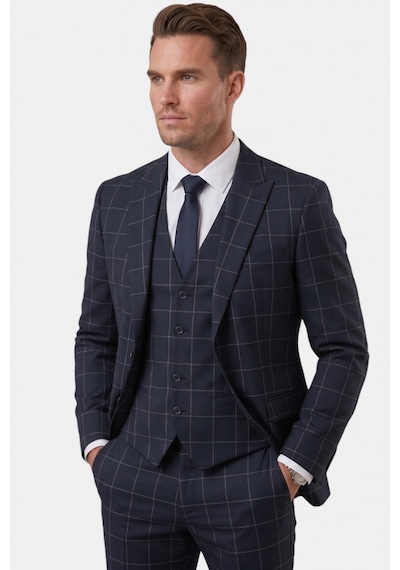 Deepsea Erkek Koyu Lacivert Slim Fit 3 Lü Takım Elbise Yelekli Ekose Desenli Çift Düğme Takım Elbise 2600501 Deepsea Erkek Koyu Lacivert Slim Fit 3 Lü Takım Elbise Yelekli Ekose Desenli Çift Düğme Takım Elbise 2600501