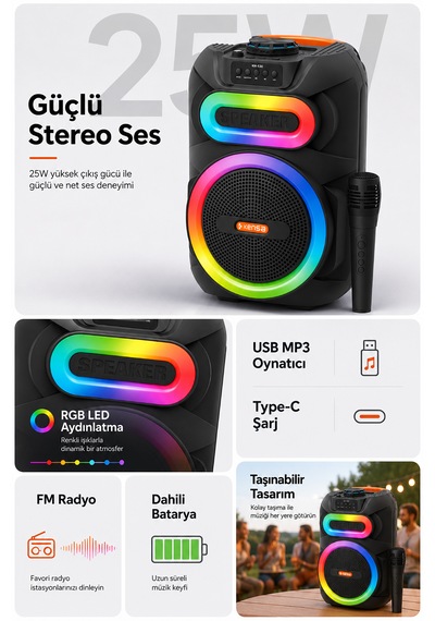 Taşınabilir Mikrofonlu 25w Led Işıklı Bluetooth Hoparlör Seti