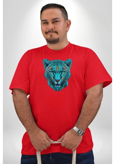 Angemiel Yeşil Leopar Kafası Kırmızı Büyük Beden Erkek Kadın Unisex Basic Ön Baskılı Tişört Kırmızı