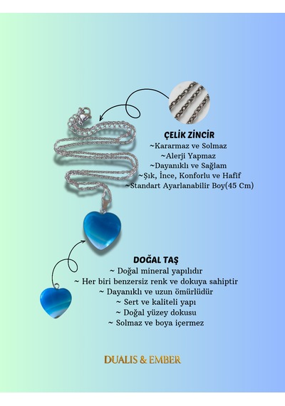 Doğal Taş - Mavi Akik Kalp Kolye Mavi