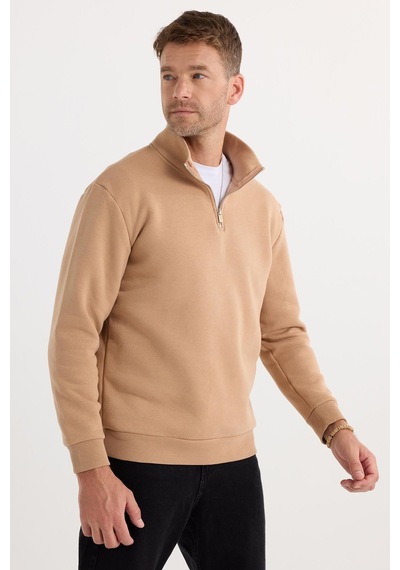Tudors Unisex Relax Fit Rahat Kesim Pamuklu İçi Polarlı Yarım Fermuarlı Taş Renk Dik Yaka Sweatshirt-29415 Tudors Unisex Relax Fit Rahat Kesim Pamuklu İçi Polarlı Yarım Fermuarlı Taş Renk Dik Yaka Sweatshirt-29415
