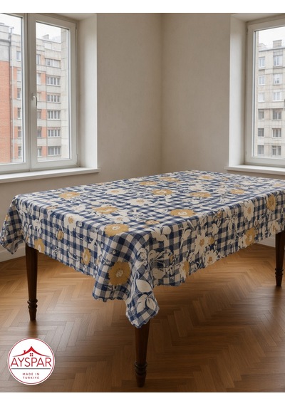 Masa Örtüsü 150x170 Cm Mavi Kareli Çiçekli Beyaz
