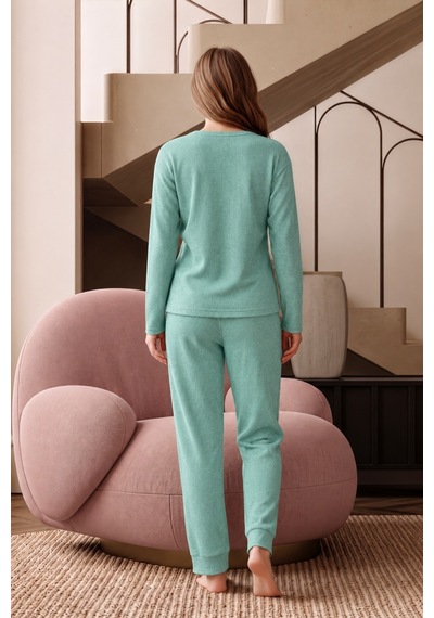 Nisanca Kadın Basic Kışlık Pijama Takımı Uzun Kollu Yumuşak Dokulu Bisiklet Yaka Rahat Kesim Jogger Paça 2'li Ev Giyim Takımı mavi