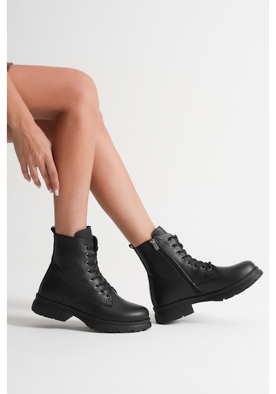 Analin Shoes Kadın Hakiki Deri Bağcıklı Fermuarlı Rahat Postal Bot Siyah