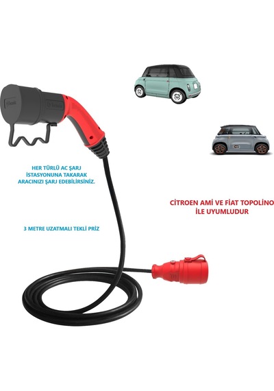 Bemis Citroen Ve Fiat Topolino, 3 Metre Uzatmalı, Ac Şarj Kablosu C2l Tekli-ıkili-üçlü Priz Seçenekli Tekli 3.5 Kw