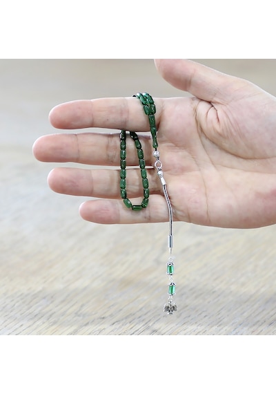 Tesbihname Ateş Kehribar Tesbih - 925 Ayar Gümüş Püsküllü - Mini Boy - Su Yeşili Renk - Kapsül Kesim Yeşil