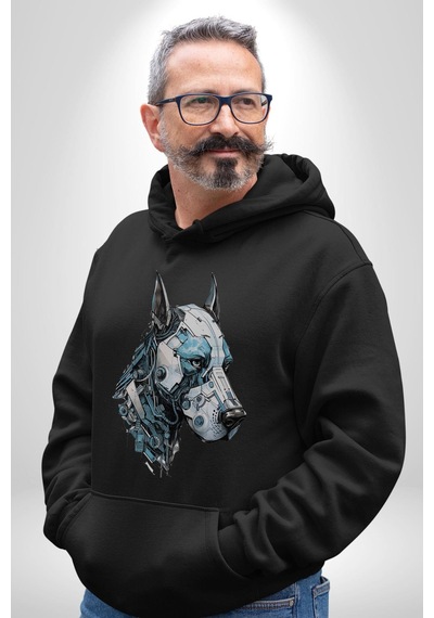 Robot Cyborg Köpek Doberman Kadın Erkek Siyah Kapüşonlu Sweatshirt Hoodie Siyah