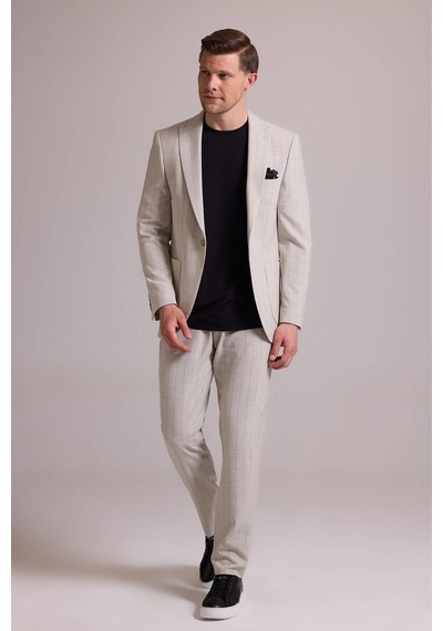 Erkek Bej Slim Fit Çizgili Tek Düğmeli Jogger Pantolonlu Takım El