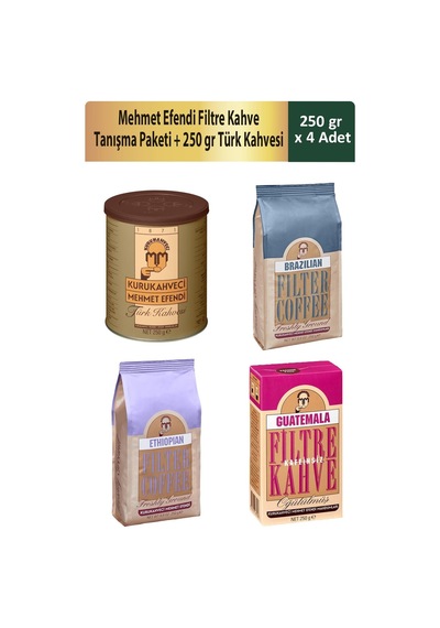 Kurukahveci Mehmet Efendi Filtre Kahve Tanışma Paketi 3 x 250 G + Türk Kahvesi 250 G