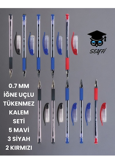 0.7 Mm İğne Uçlu Tükenmez Kalem Seti 5 Mavi 3 Siyah 2 Kırmızı 1425 Çok Renkli