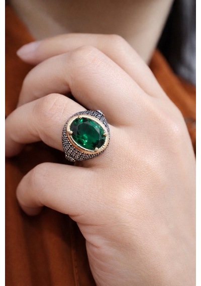 925 Ayar Gümüş Oval Yeşil Taşlı Otantik Yüzük Bronz