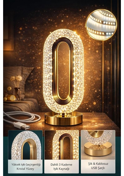 Dokunmatik Şarjlı 3 Kademeli Işıklı Kristal Led Masa Lambası, Altın, 12 X 24 Cm Çok Renkli