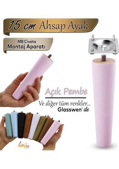 Ahşap Ayak 15 Cm Açık Pembe M8 Civatalı Bağlantı Aparatlı Dolap Mobilya Koltuk Kanepe Destek Ayağı Ayakları Pembe