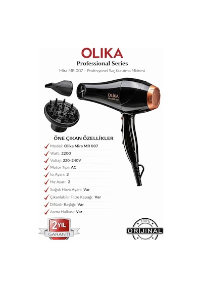 Olika Mira MR-007 2200 W Ac Motor Saç Kurutma Makinesi