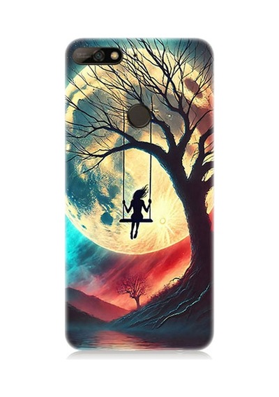Huawei Y7 2018 Uyumlu Ay Altında Salıncak Sessizliği Desenli Silikon Kılıf Çok Renkli
