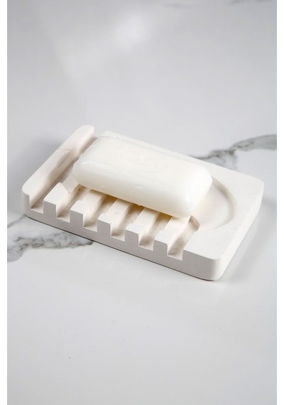 Betonmall Mermer Desenli Banyo Mutfak Tuvalet Beton Katı Sabunluk Su Giderli 8x13 Cm - Sade Beyaz Sade Beyaz
