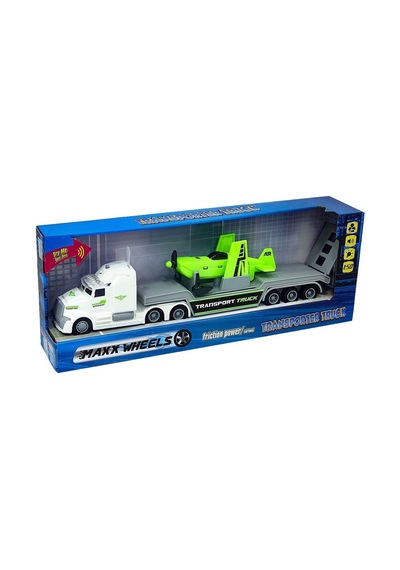1:50 Maxx Wheels Sesli ve Işıklı Taşıyıcı Tır 23198 Beyaz Tır Yeşil Uçak