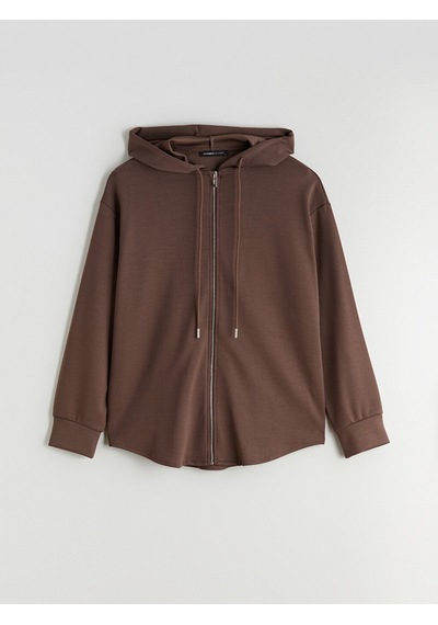 Lcw Everyday Kahverengi Kapüşonlu Oversize Kadın Fermuarlı Sweatshirt