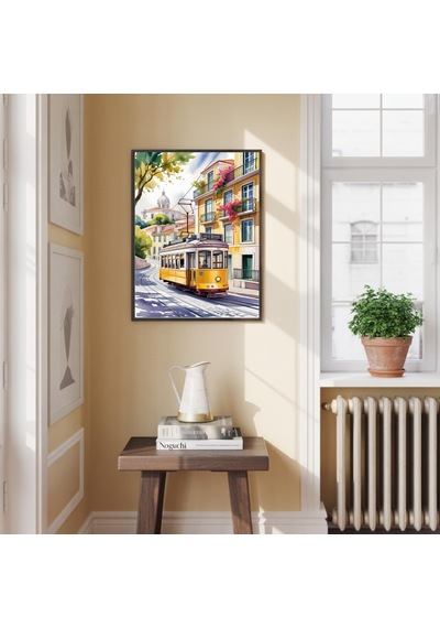 Lizbon Tramvayı Suluboya Tablo Portekiz Seyahat Sanat Baskısı
