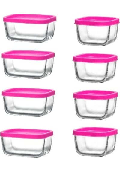 Feyzade Cube Kahvaltılık Saklama Kabı Seti Pembe Kapaklı 4 Adet 405cc - 4 Adet 270cc Karışık