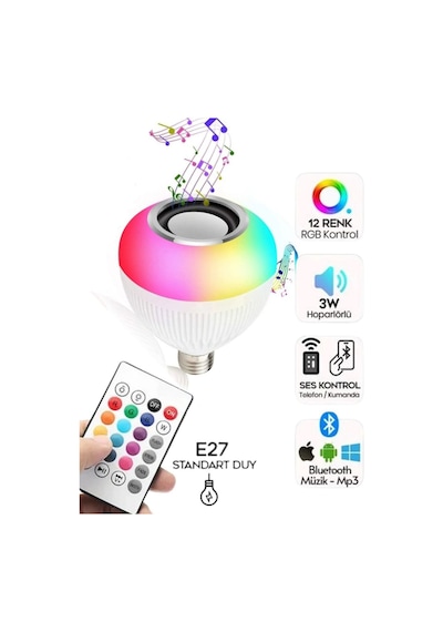 Bluetooth Hoparlörlü Uzaktan Kumandalı Rgb Akıllı Led Ampul-16 Renk Lamba 1 Ad