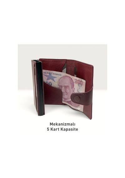 Grande Hakiki Deri Mekanizmalı Mandallı Kartlık Cüzdan Rfıd Bordo