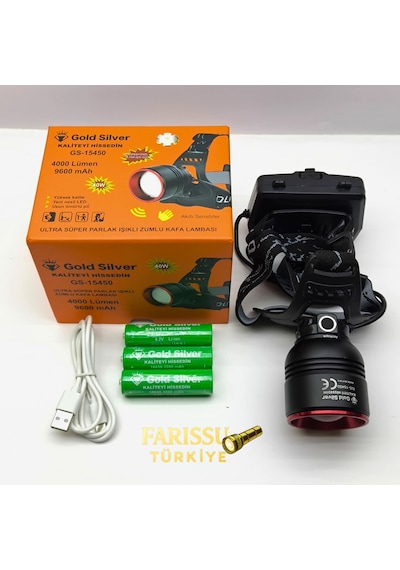 Gold Silver Gs-15450 4000 Lümen Ultra Parlak Şarjlı Zoomlu Sensörlü Kafa Lambası - 9600 Mah Siyah