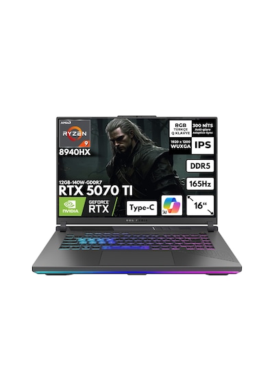 Asus Rog Strix G16 G614PR-RV051HMF5 R9-8940HX 32 GB DDR5 2 TB SSD RTX5070TI 12 GB GDDR7 16" WUXGA Free Dos Dizüstü Bilgisayar