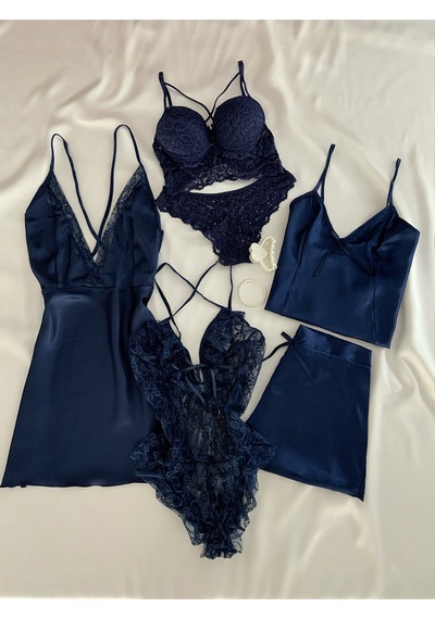 Mh Moony Homewears Kutulu Ipeksi Saten 6'lı Lacivert Gecelik Pijama Iç Giyim Çeyiz Seti Lacivert