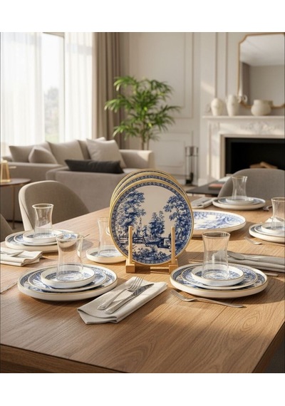 18 Parça Antik Blue Pasta Çay Takımı Seti-5882 Çok Renkli