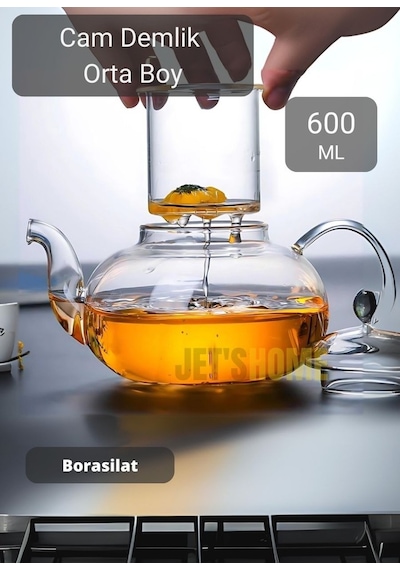 Cam Demlik Şeffaf Süzgeçli Demlik Isıya Dayanıklı Bitki Çayı Demliği Borosilat 600 Ml Gri